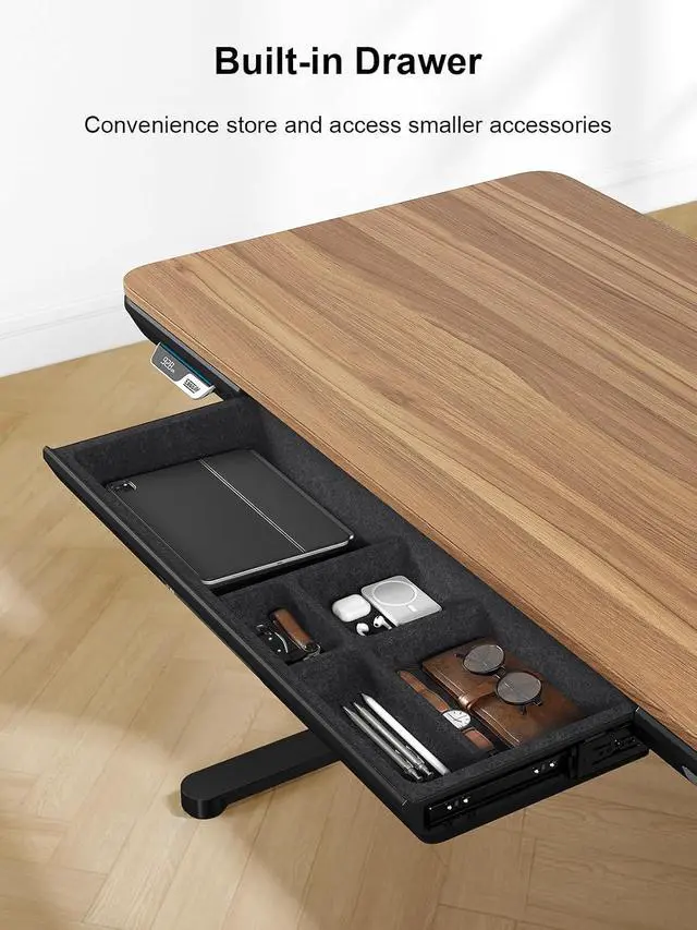 Alt view image 3 of 7 - ErgoAV Executive Smart Electric Standing Desk, Wireless Charging, with Storage Drawer, Hidden Power Strip, Walnut