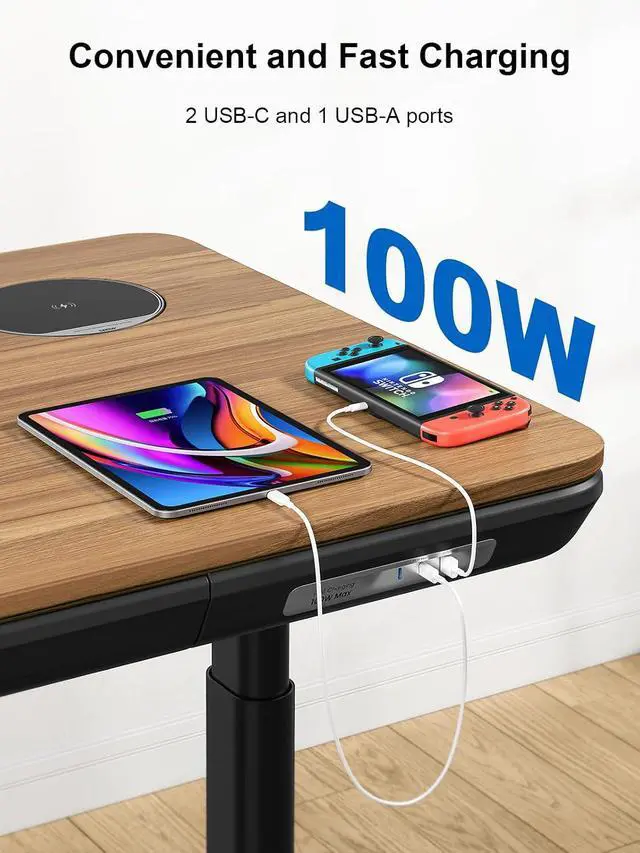 Alt view image 4 of 7 - ErgoAV Executive Smart Electric Standing Desk, Wireless Charging, with Storage Drawer, Hidden Power Strip, Walnut