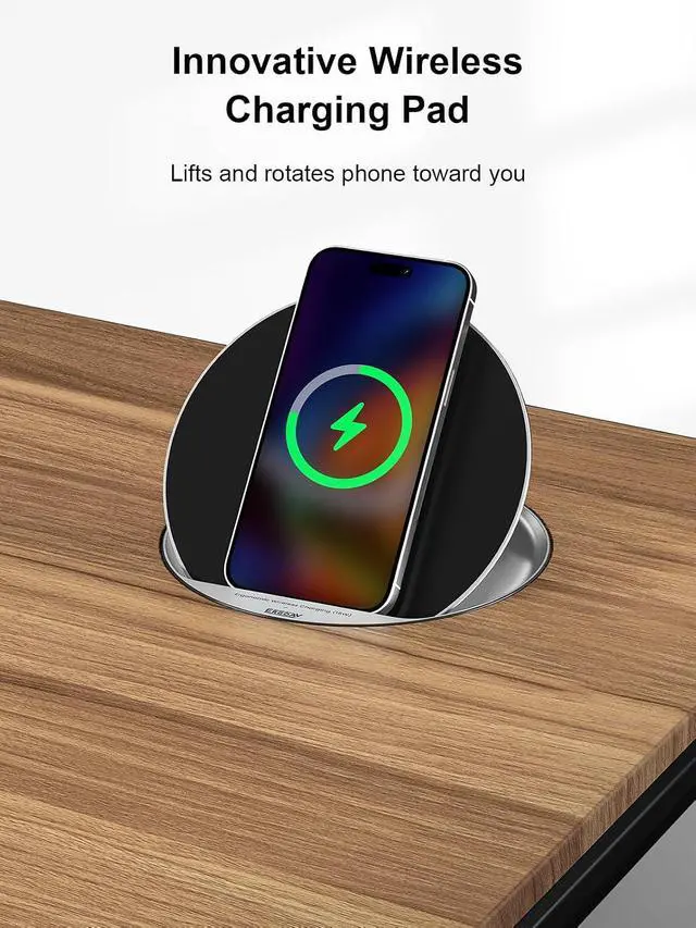 Alt view image 5 of 7 - ErgoAV Executive Smart Electric Standing Desk, Wireless Charging, with Storage Drawer, Hidden Power Strip, Walnut