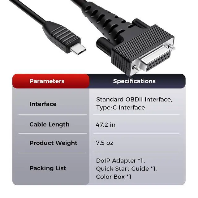 Alt view image 3 of 5 - Launch DoIP Adapter Cable with USB-C and 16-Pin Male to DB-15 Female | Connector for Launch Creader Series CRP123X V3, CRP129X V3, CRP129X Plus V3, CRP919X Lite V2 - Faster 100 Mbps diagnosis