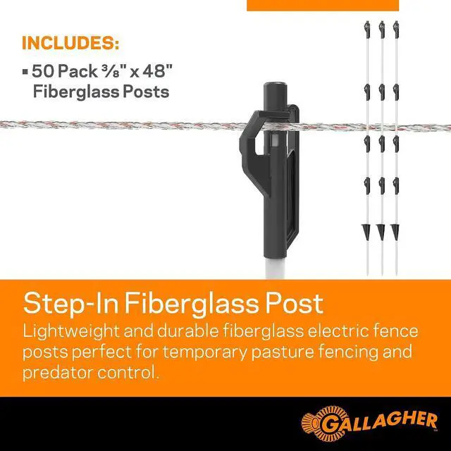 Alt view image 3 of 7 - Gallagher 3/8" x 48" Fiberglass Step-in Electric Fence Posts 50 Pack | Holds Wire Polywire Polytape | Weatherproof & Lightweight | Portable Fence Posts for Livestock Gardens & Rotational Grazing