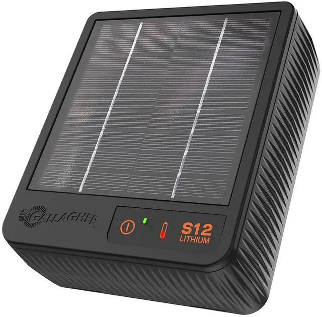 Main image of Gallagher S12 Solar Electric Fence Charger | Powers Up to 4 Miles / 18 Acres of Fence | Solar Lithium Technology, 0.12 Stored Joule Energizer | Built-in Earthing | Portable and Super Tough