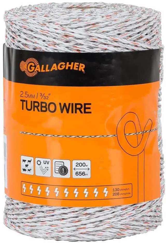 Main image of Gallagher Electric Fence Turbo Polywire | 9 Mixed Metal Strands for 40x More Conductivity and Extreme Power | Ideal for Long Portable Fences | UV, Rust Resistant | 3/32" Diameter Polywire | 656 Foot