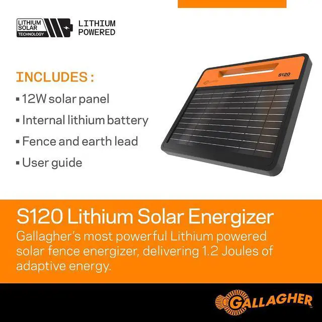 Alt view image 2 of 7 - Gallagher S120 Lithium Solar Fence Charger | 1.2 Joule Energizer Powers Up to 35 Miles or 120 Acres | Solar Lithium Iron Phosphate Battery | Adaptive Power Control | Portable and Weather Resistant