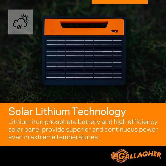 Alt view image 4 of 7 - Gallagher S120 Lithium Solar Fence Charger | 1.2 Joule Energizer Powers Up to 35 Miles or 120 Acres | Solar Lithium Iron Phosphate Battery | Adaptive Power Control | Portable and Weather Resistant
