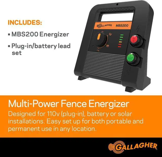 Alt view image 2 of 6 - Gallagher MBS200 Electric Fence Charger | Multi-Power AC, Battery or Solar Fence Energizer | 2 Joule Livestock Charger for Portable & Permanent Fencing