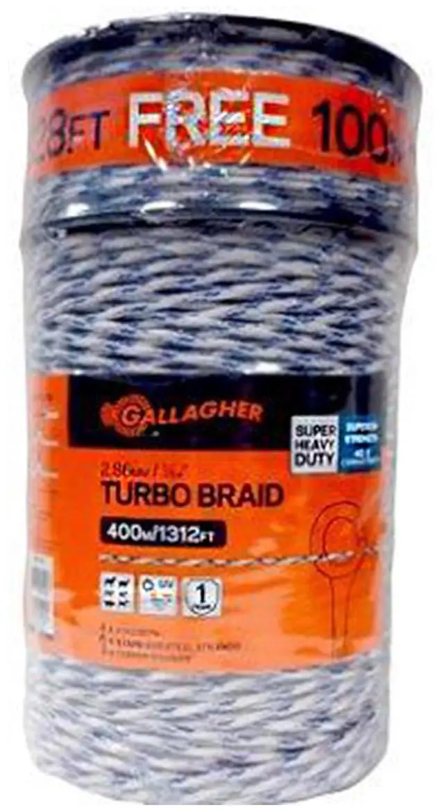 Main image of Gallagher Electric Fence Turbo Braid |Bonus Pack -1312 Ft Plus Free 328 Foot Roll |9 Mixed Metal Braided Strands for Reliable High Conductivity and Rust Resistance | 7/64" Highly Visible Striped Braid