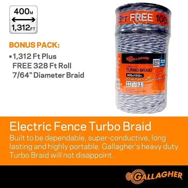 Alt view image 2 of 6 - Gallagher Electric Fence Turbo Braid |Bonus Pack -1312 Ft Plus Free 328 Foot Roll |9 Mixed Metal Braided Strands for Reliable High Conductivity and Rust Resistance | 7/64" Highly Visible Striped Braid