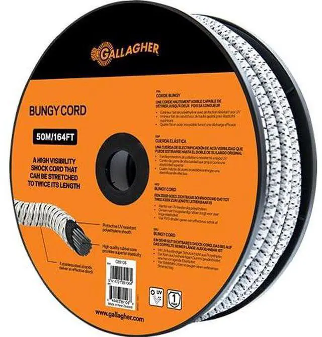 Main image of Gallagher White Bungy Cord 164 ft Roll | UV-Resistant Stretch Electric Fence Gate Rope with Stainless Steel Conductors | High-Visibility Shock Cord for Pasture Gates, Lanes, and Livestock Fencing