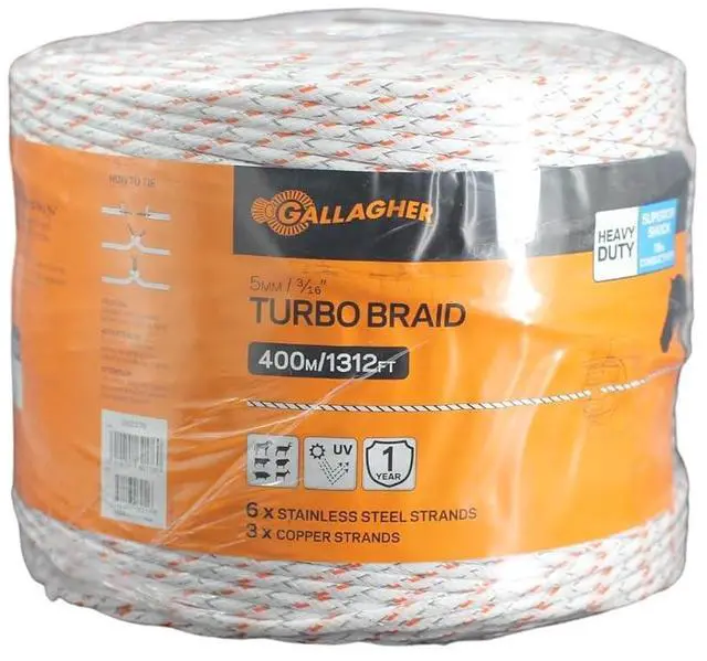 Main image of Gallagher 3/16" Turbo Equine Braid Electric Fence Wire | Heavy-Duty Horse Fence Braid for Long Fence Lines | 1312 ft Roll for Portable & Semi-Permanent Fencing