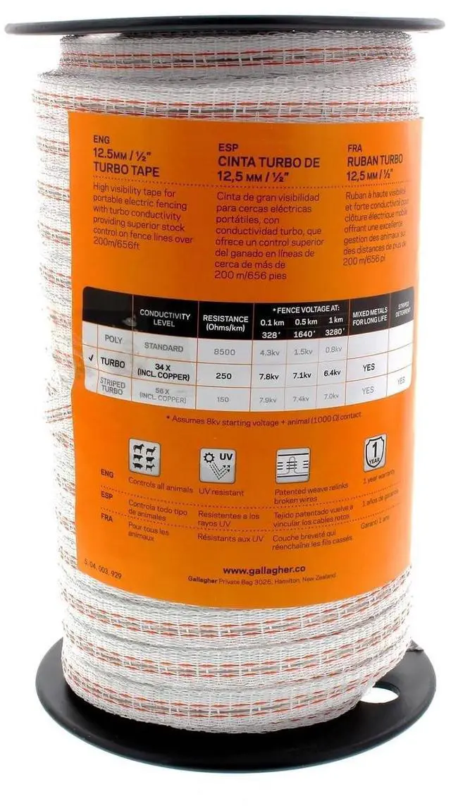 Alt view image 5 of 7 - Gallagher 1/2" x 656' Electric Fence Turbo Polytape with Copper and Stainless Steel Strands | 34x More Conductivity Than Standard Polytape | Electric Fencing for Horses and Livestock