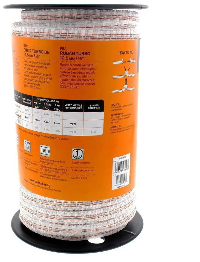 Alt view image 6 of 7 - Gallagher 1/2" x 656' Electric Fence Turbo Polytape with Copper and Stainless Steel Strands | 34x More Conductivity Than Standard Polytape | Electric Fencing for Horses and Livestock