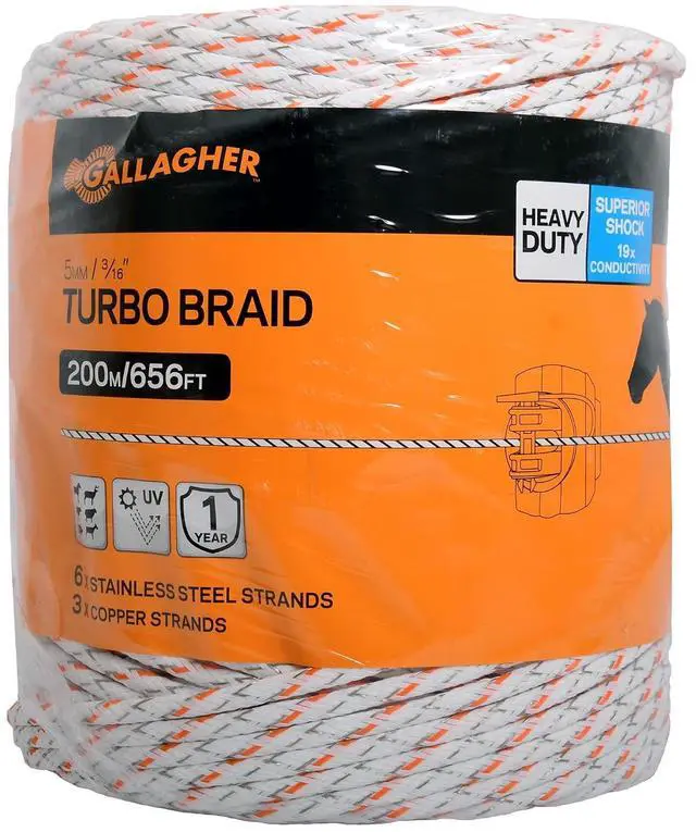 Main image of Gallagher 3/16" Electric Fence Rope for Horses | Heavy Duty Braided Electric Horse Fence | High Conductivity Turbo Braid | 656ft Roll for Portable & Semi Permanent Fencing