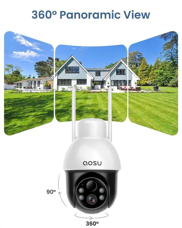 Alt view image 2 of 7 - aosu Solar Camera Security Outdoor - Security Cameras Wireless Outdoor with 360° Panoramic View, Human Auto Tracking, 2K Night Vision, Compatible with Alexa/Google Assistant (2 Pack)