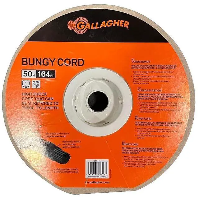 Main image of Gallagher Brown Bungy Cord 164 ft Roll | UV-Resistant Stretch Electric Fence Gate Rope with Stainless Steel Conductors | High-Visibility Shock Cord for Pasture Gates, Lanes, and Livestock Fencing