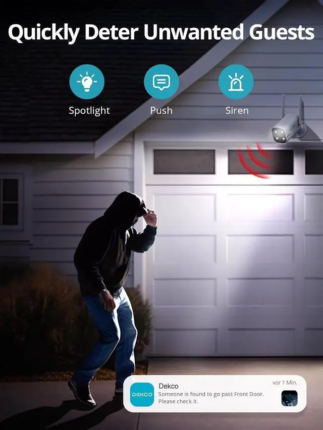 Alt view image 6 of 7 - DEKCO 4 Pack Wired Home Camera Outdoor with 2K Color Night Vision, Pan Rotating 180° Security Cameras Support 24/7 Recording, 2.4GHz WiFi, AI Human Auto Tracking, Work with Alexa/Google Assistant