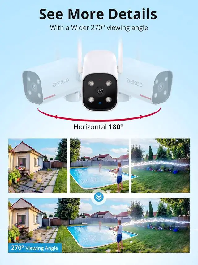 Alt view image 2 of 7 - DEKCO 4 Pack Wired Home Camera Outdoor with 2K Color Night Vision, Pan Rotating 180° Security Cameras Support 24/7 Recording, 2.4GHz WiFi, AI Human Auto Tracking, Work with Alexa/Google Assistant
