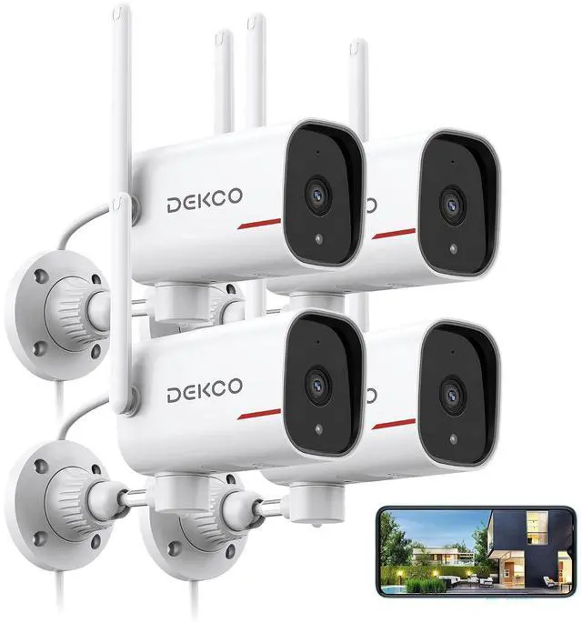 Main image of DEKCO 4 Pack Wired Home Camera Outdoor with 2K Color Night Vision, Pan Rotating 180° Security Cameras Support 24/7 Recording, 2.4GHz WiFi, AI Human Auto Tracking, Work with Alexa/Google Assistant