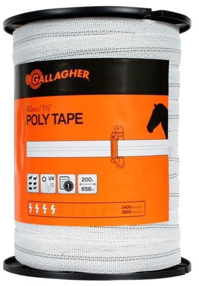 Main image of Gallagher 1.5" x 656' White Poly Tape | High Visibility Electric Fence Polytape for Horses, Livestock, Gardens, and Electric Perimeter Fencing