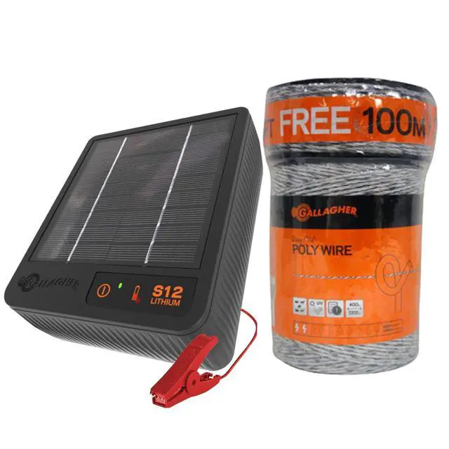 Main image of Gallagher S12 Solar Energizer and 1312' Poly Wire Electric Fence Kit for Livestock, Gardens, Orchards, Pets, and More