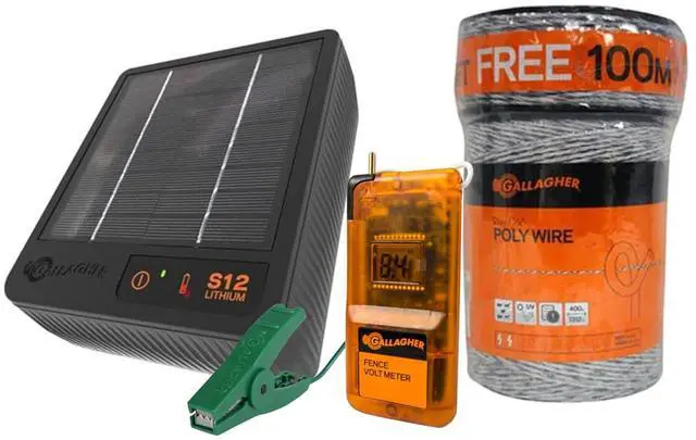 Main image of Gallagher S12 Lithium Solar Energizer with 1312' Poly Wire Electric Fence Kit and Digital Fence Tester for Building, Charging, and Testing Electric Fences