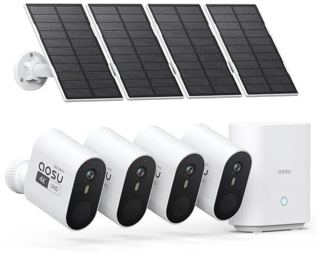 Main image of aosu 3K/5MP Security Cameras Outdoor Wireless Home Surveillance System, Solar Powered, 166° Ultra-Wide-Angle, HD Color Night Vision, Spotlight & Siren Alarm, Motion Alert, Easy Setup, 4-Cam-Kit