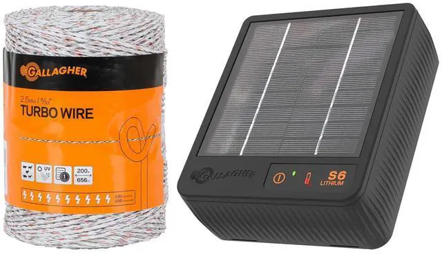 Main image of S6 Solar Fence Charger with 3/32" x 656' Turbo Wire | Solar-Powered Energizer with 656 ft High-Conductivity Fence Wire | Ideal for Gardens, Paddocks, and Livestock Containment