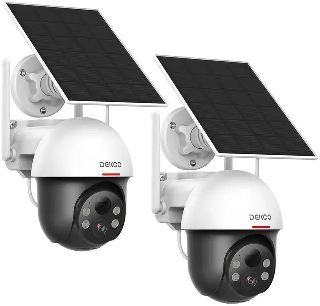 Main image of DEKCO Security Cameras Wireless Outdoor, Solar Powered, Panoramic PTZ, Auto Motion Tracking, True 2K, Color Night Vision, Spotlights, 2-Way Talk, 2 Pack