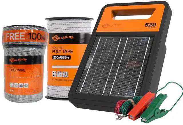 Main image of Gallagher S20 Solar Electric Fence Charger with Polywire and Polytape | Complete Electric Fence Kit with High-Visibility Top Strand for Livestock, Gardens, and Predator Control