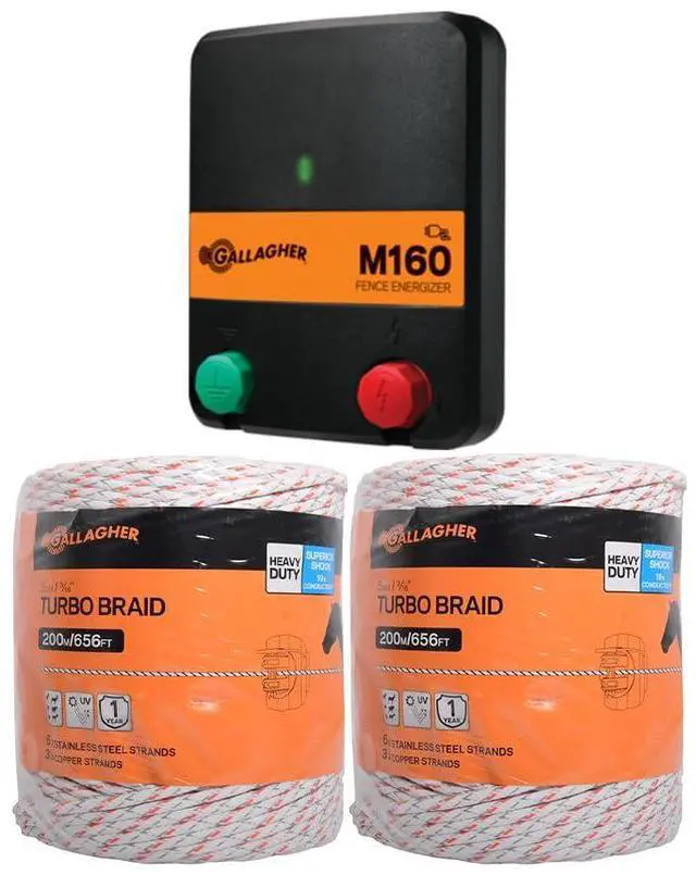 Main image of Gallagher M160 Electric AC Fence Charger with Two Rolls of 656' x 3/16" Electric Turbo Equine Braid Horse Fencing Bundle