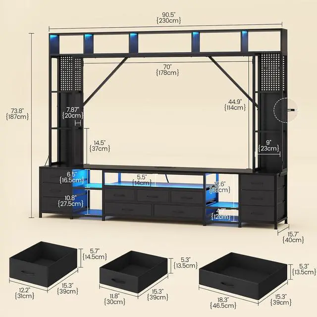 Alt view image 2 of 7 - Large Entertainment Center with 11 Fabric Drawers & LED Lights, Wall Unit TV Stand for Living Room Bookshelves for TVs up to 45"-75", Modern Industrial Style TV Stand