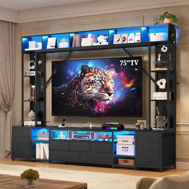 Main image of Large Entertainment Center with 11 Fabric Drawers & LED Lights, Wall Unit TV Stand for Living Room Bookshelves for TVs up to 45"-75", Modern Industrial Style TV Stand