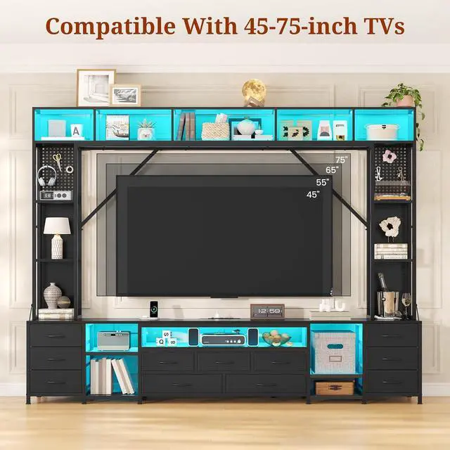 Alt view image 3 of 7 - Large Entertainment Center with 11 Fabric Drawers & LED Lights, Wall Unit TV Stand for Living Room Bookshelves for TVs up to 45"-75", Modern Industrial Style TV Stand