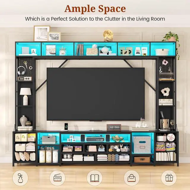 Alt view image 4 of 7 - Large Entertainment Center with 11 Fabric Drawers & LED Lights, Wall Unit TV Stand for Living Room Bookshelves for TVs up to 45"-75", Modern Industrial Style TV Stand