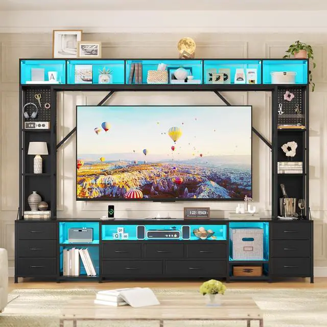 Alt view image 7 of 7 - Large Entertainment Center with 11 Fabric Drawers & LED Lights, Wall Unit TV Stand for Living Room Bookshelves for TVs up to 45"-75", Modern Industrial Style TV Stand