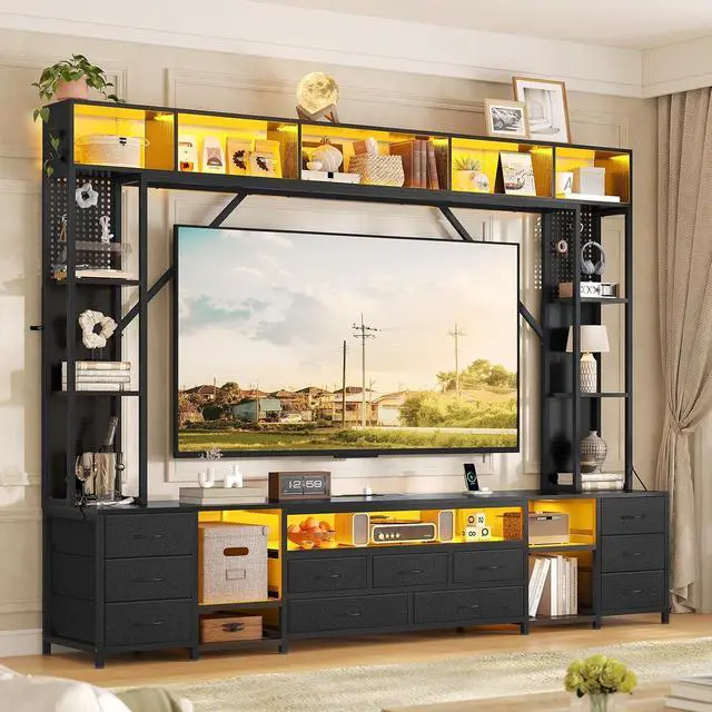 Alt view image 6 of 7 - Large Entertainment Center with 11 Fabric Drawers & LED Lights, Wall Unit TV Stand for Living Room Bookshelves for TVs up to 45"-75", Modern Industrial Style TV Stand