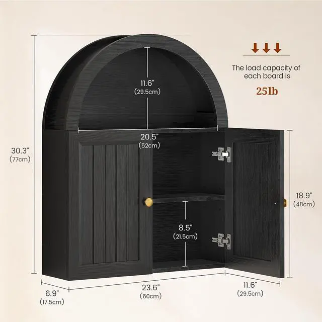 Alt view image 2 of 7 - Arched Bathroom Wall Cabinet, 23.6 x 30.3'' Over The Toilet Cabinet with Grille Door, Adjustable Shelf, Wall Mounted Cabinets for Bathroom Laundry Room Kitchen (Grille Door, 30IN)