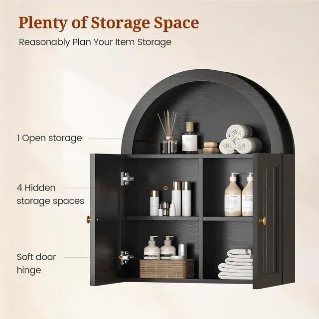Alt view image 4 of 7 - Arched Bathroom Wall Cabinet, 23.6 x 30.3'' Over The Toilet Cabinet with Grille Door, Adjustable Shelf, Wall Mounted Cabinets for Bathroom Laundry Room Kitchen (Grille Door, 30IN)