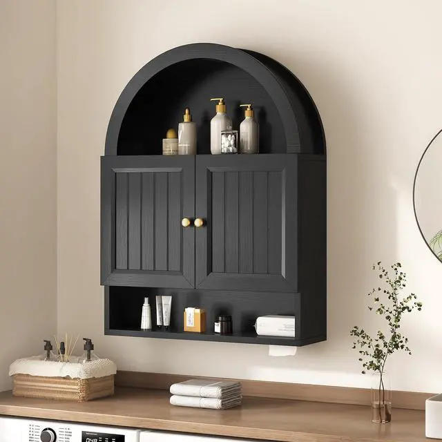 Main image of Arched Bathroom Wall Cabinet, 27.4 x 36.4'' Over The Toilet Cabinet with Grille Door, Adjustable Shelf, Wall Mounted Cabinets for Bathroom Laundry Room Kitchen (Black, 36IN)