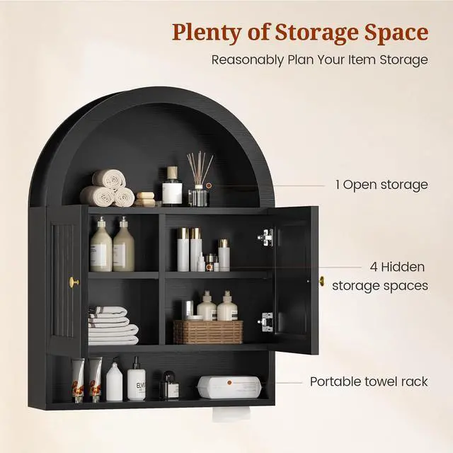 Alt view image 3 of 7 - Arched Bathroom Wall Cabinet, 27.4 x 36.4'' Over The Toilet Cabinet with Grille Door, Adjustable Shelf, Wall Mounted Cabinets for Bathroom Laundry Room Kitchen (Black, 36IN)