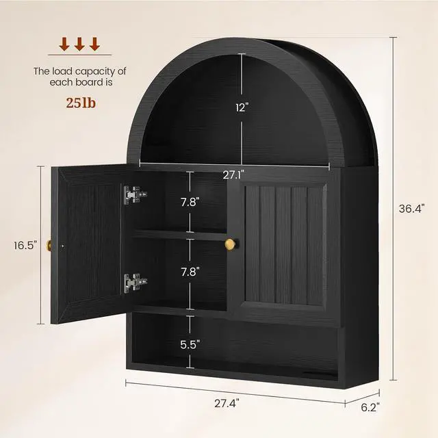 Alt view image 2 of 7 - Arched Bathroom Wall Cabinet, 27.4 x 36.4'' Over The Toilet Cabinet with Grille Door, Adjustable Shelf, Wall Mounted Cabinets for Bathroom Laundry Room Kitchen (Black, 36IN)