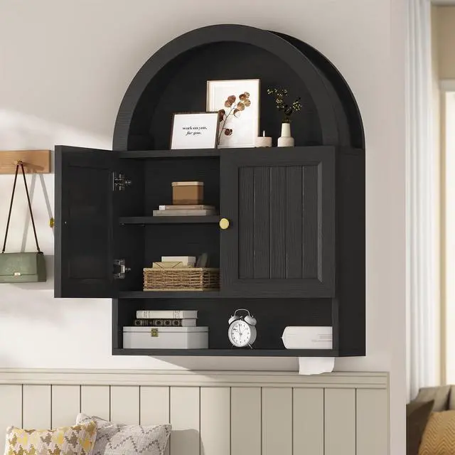 Alt view image 5 of 7 - Arched Bathroom Wall Cabinet, 27.4 x 36.4'' Over The Toilet Cabinet with Grille Door, Adjustable Shelf, Wall Mounted Cabinets for Bathroom Laundry Room Kitchen (Black, 36IN)