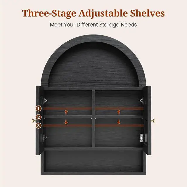 Alt view image 7 of 7 - Arched Bathroom Wall Cabinet, 27.4 x 36.4'' Over The Toilet Cabinet with Grille Door, Adjustable Shelf, Wall Mounted Cabinets for Bathroom Laundry Room Kitchen (Black, 36IN)