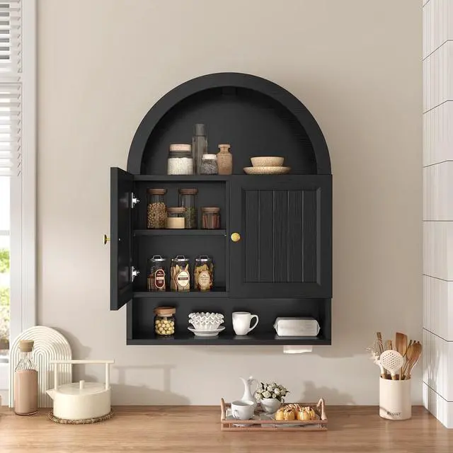 Alt view image 6 of 7 - Arched Bathroom Wall Cabinet, 27.4 x 36.4'' Over The Toilet Cabinet with Grille Door, Adjustable Shelf, Wall Mounted Cabinets for Bathroom Laundry Room Kitchen (Black, 36IN)