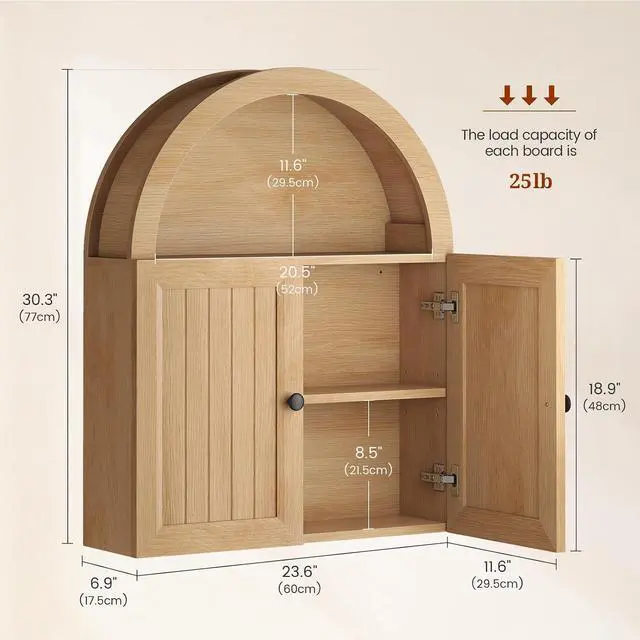 Alt view image 2 of 7 - Arched Bathroom Wall Cabinet, 23.6 x 30.3'' Over The Toilet Cabinet with Grille Door, Adjustable Shelf, Wall Mounted Cabinets for Bathroom Laundry Room Kitchen (Oak, 30IN)