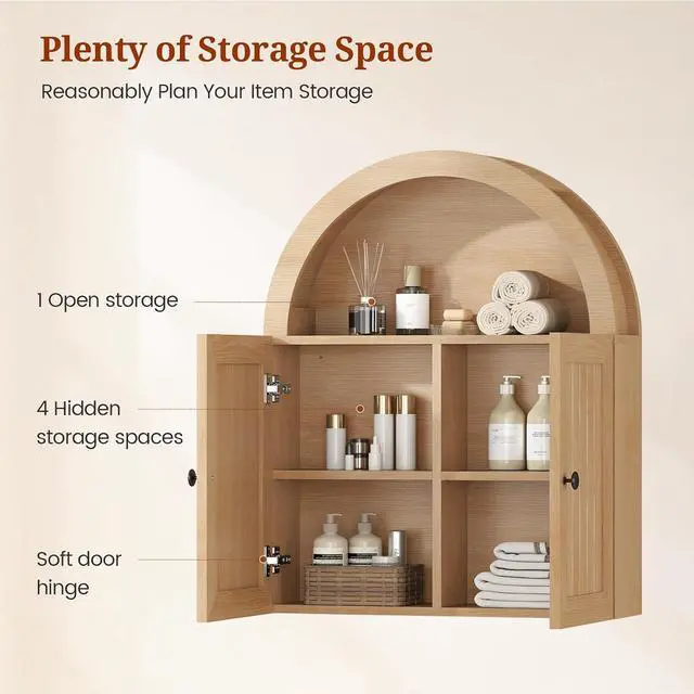 Alt view image 4 of 7 - Arched Bathroom Wall Cabinet, 23.6 x 30.3'' Over The Toilet Cabinet with Grille Door, Adjustable Shelf, Wall Mounted Cabinets for Bathroom Laundry Room Kitchen (Oak, 30IN)