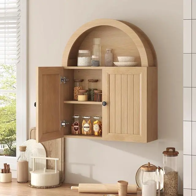 Alt view image 3 of 7 - Arched Bathroom Wall Cabinet, 23.6 x 30.3'' Over The Toilet Cabinet with Grille Door, Adjustable Shelf, Wall Mounted Cabinets for Bathroom Laundry Room Kitchen (Oak, 30IN)