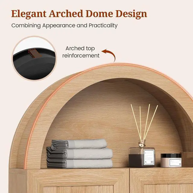 Alt view image 6 of 7 - Arched Bathroom Wall Cabinet, 23.6 x 30.3'' Over The Toilet Cabinet with Grille Door, Adjustable Shelf, Wall Mounted Cabinets for Bathroom Laundry Room Kitchen (Oak, 30IN)