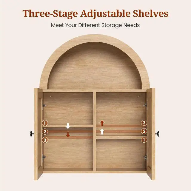 Alt view image 7 of 7 - Arched Bathroom Wall Cabinet, 23.6 x 30.3'' Over The Toilet Cabinet with Grille Door, Adjustable Shelf, Wall Mounted Cabinets for Bathroom Laundry Room Kitchen (Oak, 30IN)