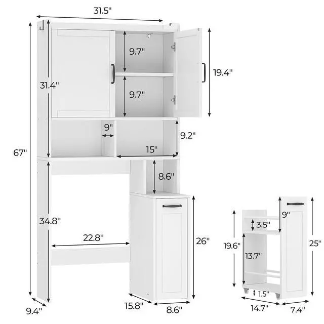 Alt view image 2 of 7 - Over The Toilet Storage Cabinet with Pulley Small Bathroom Storage Cabinet, Space Saver W/Adjustable Shelf & Towel Rack for Bathroom, Restroom, Laundry (White-Type B)